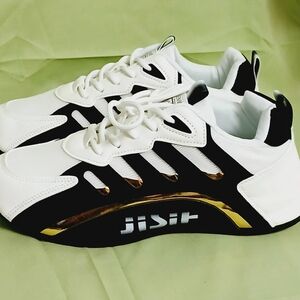 White and Black Faux Leather Size 9 Running Sneakers with Gold Accents